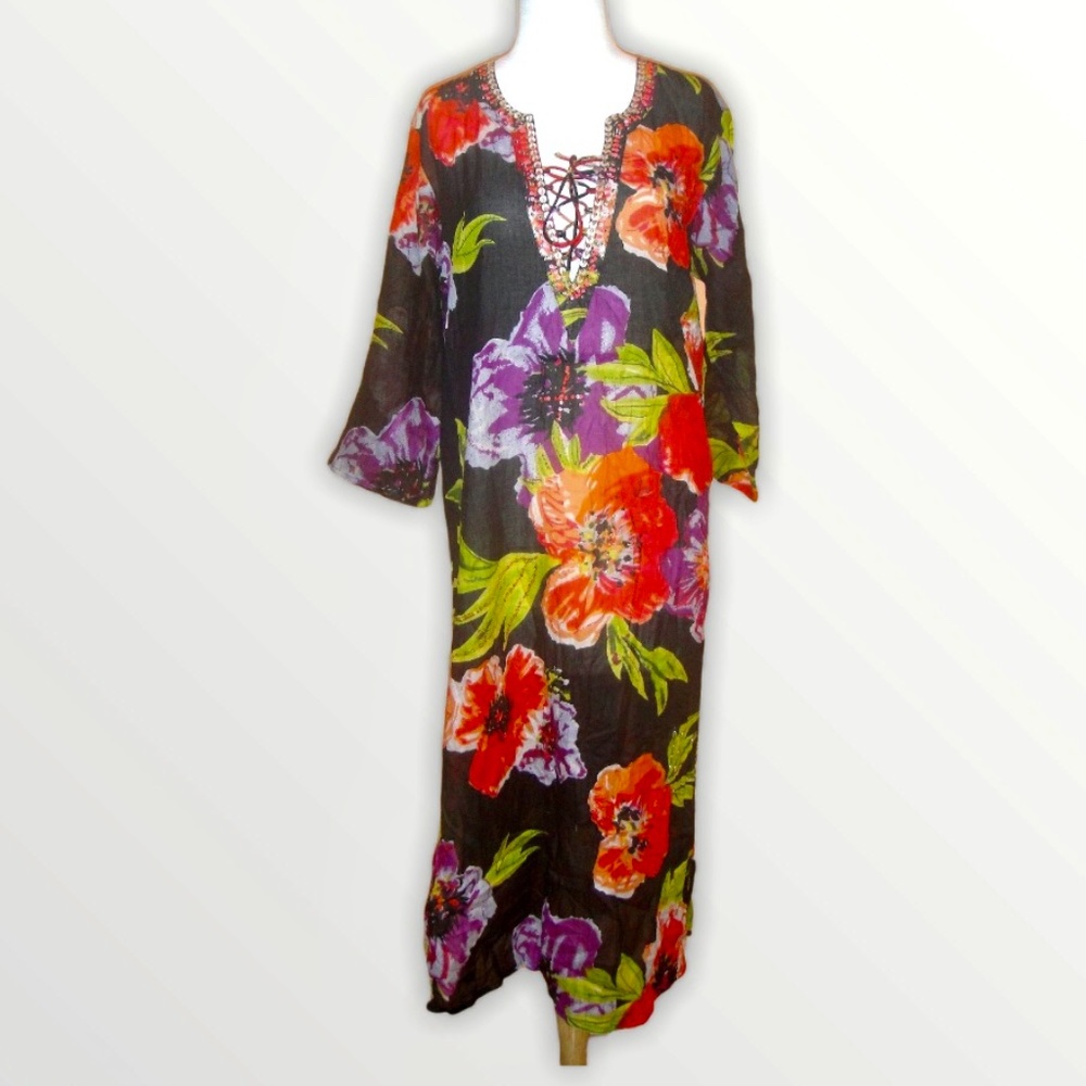 NWT CZ FLORAL EMBELLSIHED CAFTAN COVER UP DRESS L
